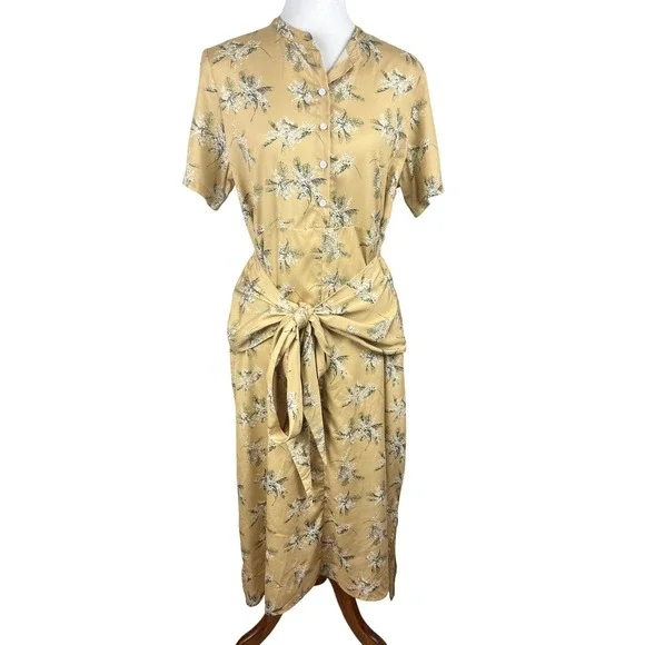 Caara Yellow Floral Tie-Waist Midi Dress Medium Spring Picnic Chic Cottagecore M - Picture 13 of 14